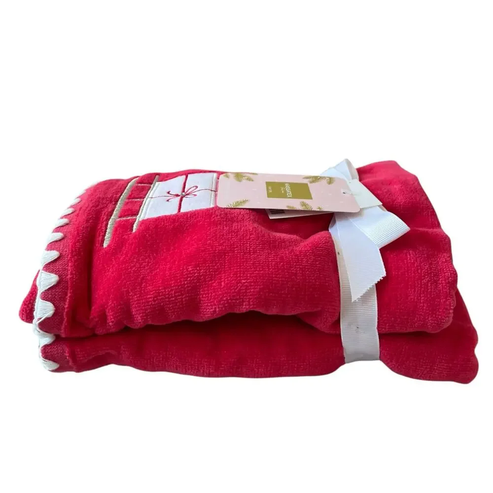 2pc Kassatex Christmas Hand Towels Embroidered Presents on Sled Red Pink NEW